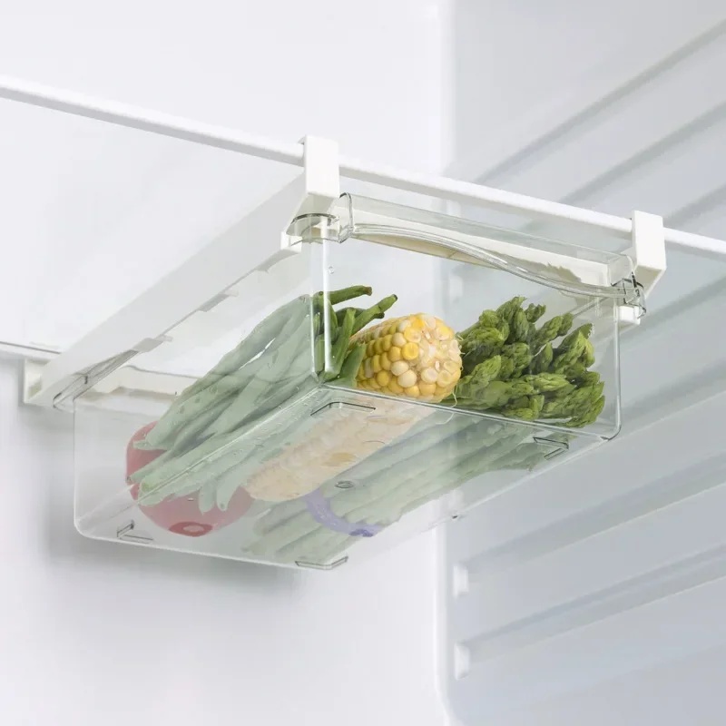 Food Storage With Dividers - 吊り下げ式引き出し冷蔵庫オーガナイザー、キッチン用プラスチック製スライド式収納ボックス（果物・野菜・食品用）