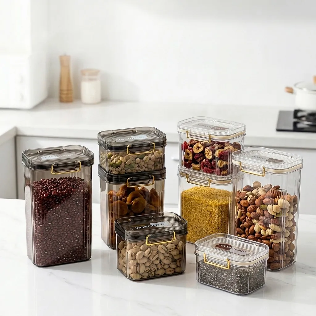 Food Storage With Dividers - 密閉式の食品保存容器。蓋付きで、透明、積み重ね可能。キッチンやパントリーの整理に最適。PET製プラスチック製で、冷蔵庫にも収納可能。シリアルやスナックを入れるのに便利。