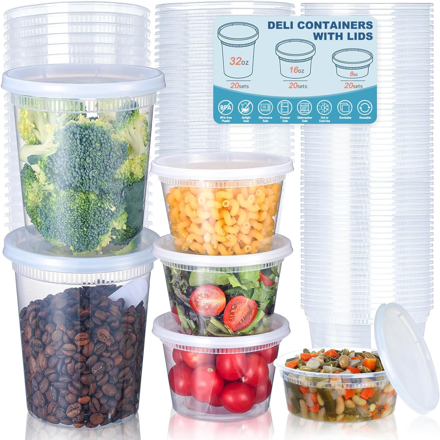 Food Storage Meals - プラスチック製食品保存容器,蓋付き,冷凍庫,BPAフリー,24個,8オンス,16オンス,32オンス
