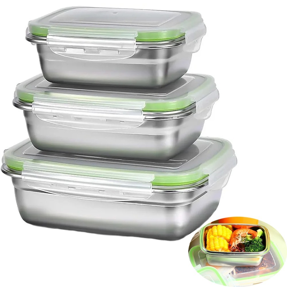Food Storage Oven Safe - 1/3ピース食品保存容器セット 食品グレード304ステンレス鋼ランチボックス 漏れ防止シリコン蓋 食洗機対応弁当箱