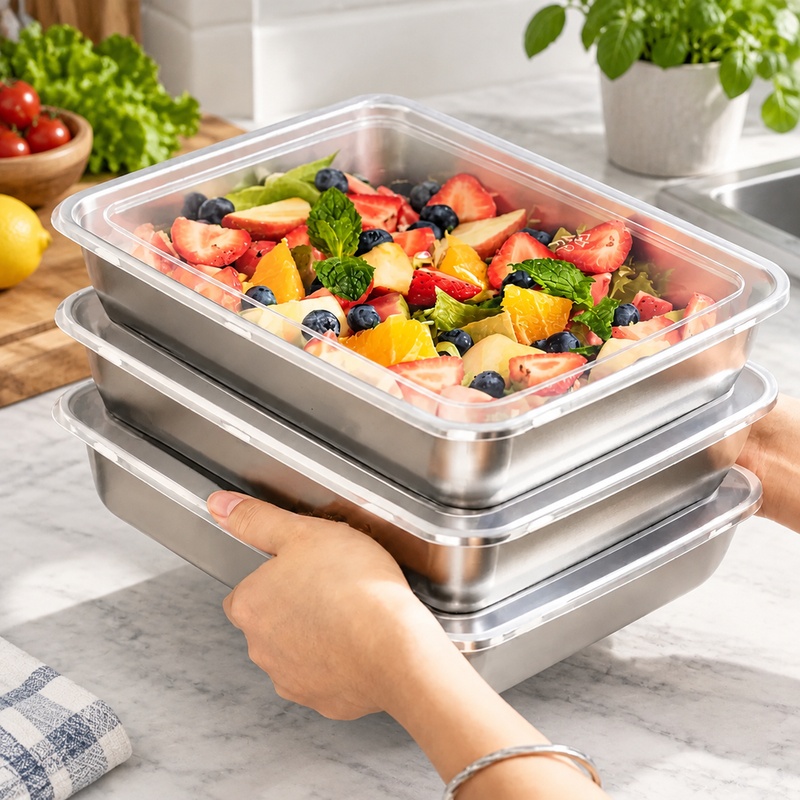 透明な蓋が付いた、3点セットのステンレス製食品保存容器。キッ - Food Storage Meals のレビューと価格